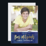 PHOTO BAR MITZVAH modern blauw waterverf goudtype Kaart<br><div class="desc">door kat massard >> kat@simplysweetPAPERIE.com <<<< een trendy uitnodigingsontwerp voor de BAR MITZVAH Setup van uw kind als sjabloon is het eenvoudig voor u om uw eigen details toe te voegen of op de aanpassingsknop te drukken en tekst, lettertypen, grootten enz. toe te voegen of te wijzigen TIP: 1. Als...</div>