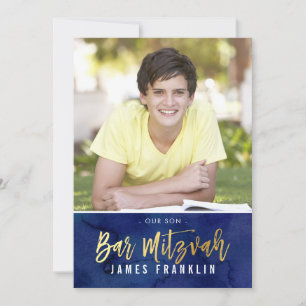 PHOTO BAR MITZVAH modern blauw waterverf goudtype Kaart
