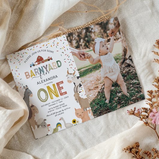 Photo Barnyard Boerderij First Birthday Invitation Kaart