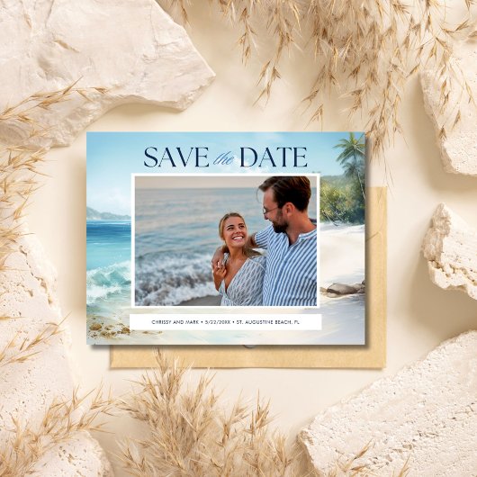 Photo Beach Wedding Budget Sla de datum op Briefkaart