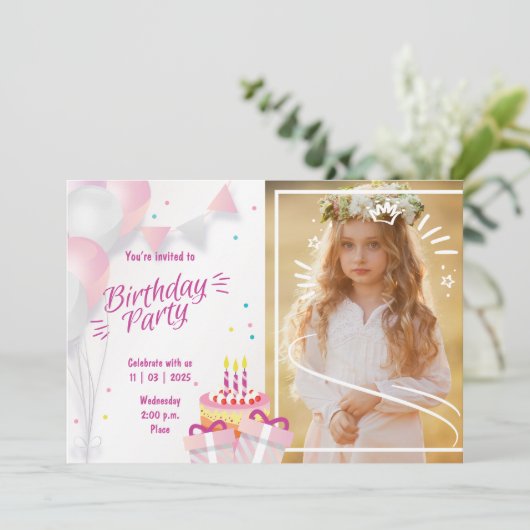 Photo Birthday Invitation with Balloons & Cake Kaart (Staand voorkant)