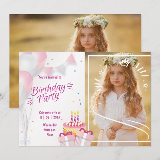 Photo Birthday Invitation with Balloons & Cake Kaart (Voorkant / Achterkant)