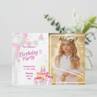 Photo Birthday Invitation with Balloons & Cake Kaart
