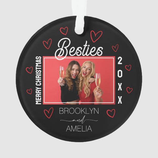  Photo Black and Red Hearts Besties Christmas Ornament (achterkant)