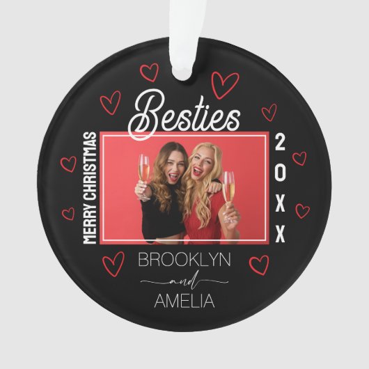  Photo Black and Red Hearts Besties Christmas Ornament (voorkant)
