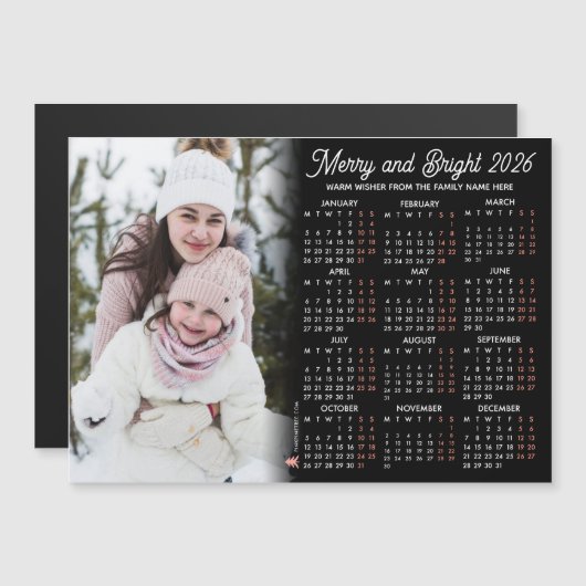 Photo Black Calendar 2026 Family Magnetic Card Magnetische Uitnodiging (Voorkant / Achterkant)