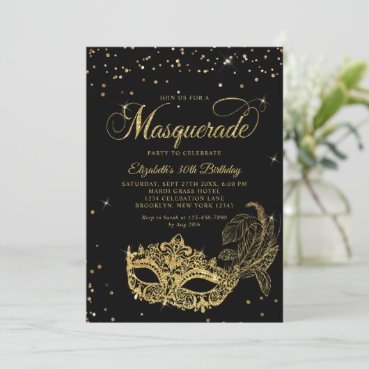 Photo Black Gold Glitter Masquerade Birthday Kaart (Staand voorkant)