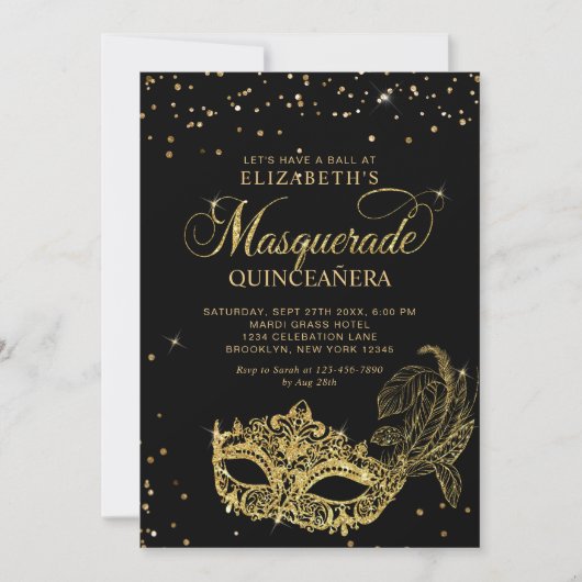 Photo Black Gold Glitter Masquerade Quinceañera Kaart (Voorkant)