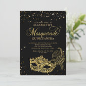 Photo Black Gold Glitter Masquerade Quinceañera Kaart (Staand voorkant)