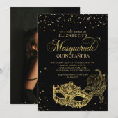 Photo Black Gold Glitter Masquerade Quinceañera Kaart (Voorkant / Achterkant)