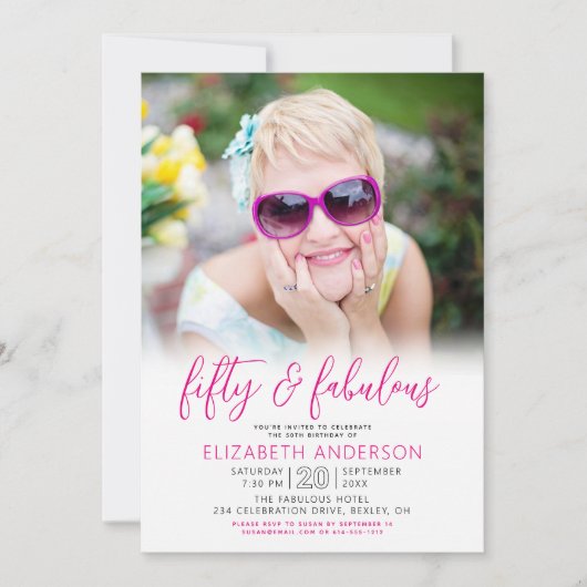 Photo Black White Pink 50 Fabulous Birthday Modern Kaart (Voorkant)