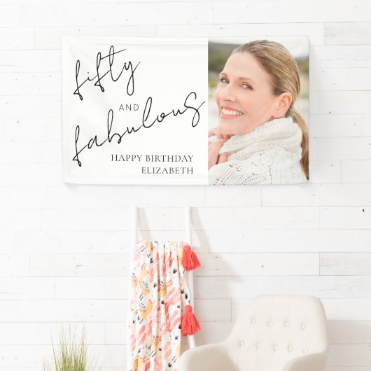 Photo Black White Script Fifty Fabulous Birthday Spandoek (Insitu)