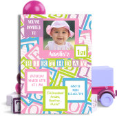Photo Blocks Pattern First Girls Birthday Party Kaart