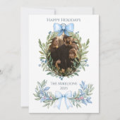 Photo Blue Bow Botanical Christmas Feestdagenkaart (Voorkant)