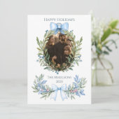 Photo Blue Bow Botanical Christmas Feestdagenkaart (Staand voorkant)