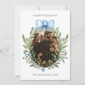 Photo Blue Bow Botanical Family Christmas Feestdagenkaart (Voorkant)
