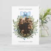 Photo Blue Bow Botanical Family Christmas Feestdagenkaart (Staand voorkant)