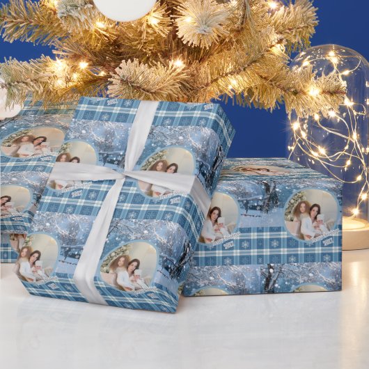 Photo Blue Cozy Plaid Winter Christmas Cadeaupapier (Feestdagen)