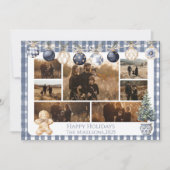 Photo Blue Gingham Ornament Family Christmas Feestdagenkaart (Voorkant)