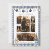 Photo Blue Gingham Ornament Family Christmas Feestdagenkaart (Voorkant)