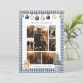 Photo Blue Gingham Ornament Family Christmas Feestdagenkaart (Staand voorkant)