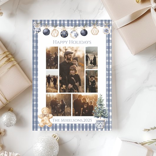 Photo Blue Gingham Ornament Family Christmas Feestdagenkaart