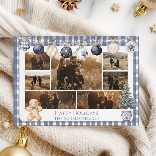Photo Blue Gingham Ornament Family Christmas Feestdagenkaart