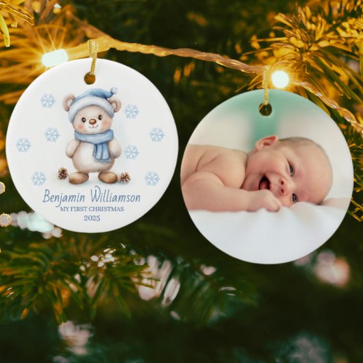Photo Blue Snowflakes Bear Baby's 1st Christmas Keramisch Ornament