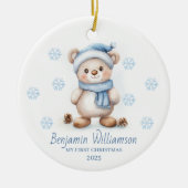 Photo Blue Snowflakes Bear Baby's 1st Christmas Keramisch Ornament (Voorkant)