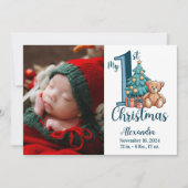Photo Blue Teddy Baby 1st Christmas Feestdagenkaart (Voorkant)