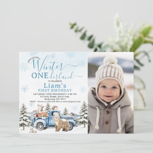 Photo Blue Truck Winter Onederland 1st Birthday Kaart (Staand voorkant)