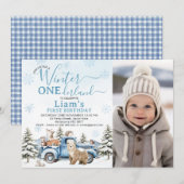 Photo Blue Truck Winter Onederland 1st Birthday Kaart (Voorkant / Achterkant)