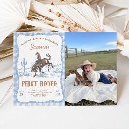 Photo Blue Western Cowboy First Rodeo Invitation  Kaart