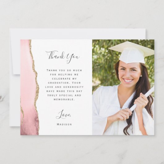Photo Blush Agate Gold Script Afstuderen Bedankkaart (Voorkant)