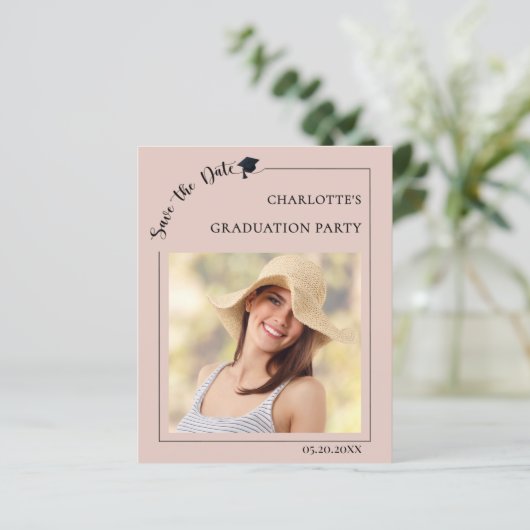 Photo Blush Pink Graduation Save the Date card (Staand voorkant)