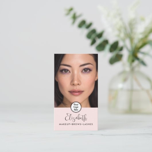 Photo Blush Pink Script Black Logo QR Code Makeup Visitekaartje (Staand voorkant)