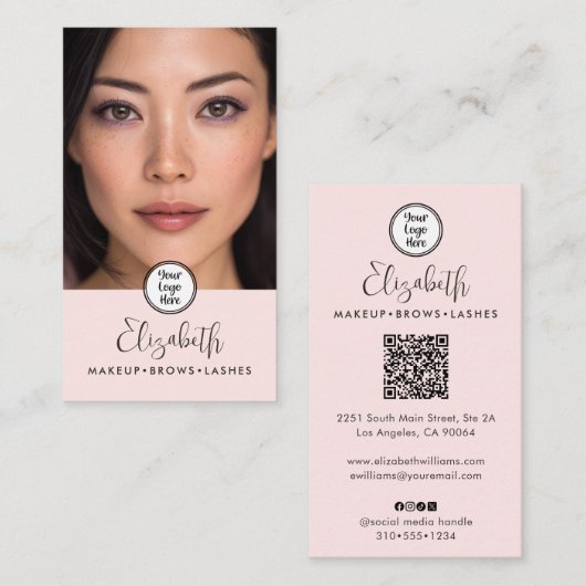 Photo Blush Pink Script Black Logo QR Code Makeup Visitekaartje (Voorkant / Achterkant)