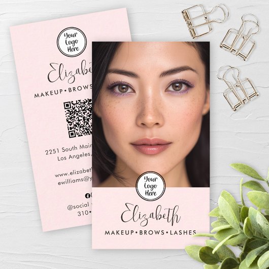Photo Blush Pink Script Black Logo QR Code Makeup Visitekaartje
