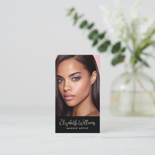 Photo Blush Pink Script Black Social Icon QR Code Visitekaartje (Staand voorkant)