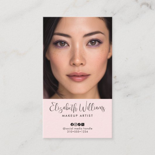 Photo Blush Pink Script Social Icon QR Code Makeup Visitekaartje (Voorkant)