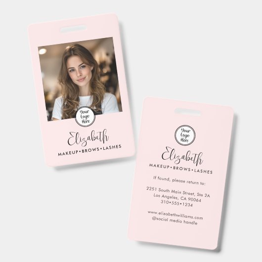 Photo Blush Pink Script Your Logo Here Makeup ID Badge (Voor- en achterkant)