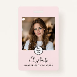 Photo Blush Pink Script Your Logo Here Makeup ID Badge