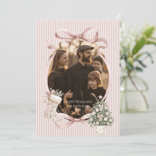Photo Blush Ribbon Tree Christmas Feestdagenkaart (Staand voorkant)