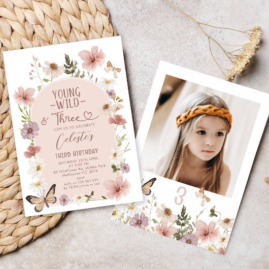Photo Blush Wildflower Young Wild Three Birthday  Kaart
