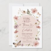 Photo Blush Wildflower Young Wild Three Birthday  Kaart (Voorkant)