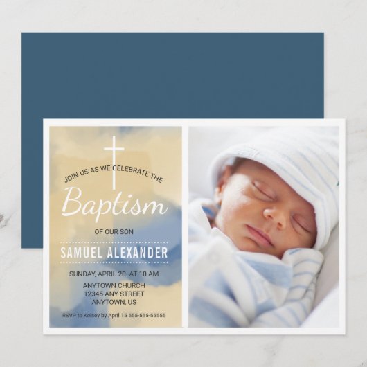 Photo Boy Baptism, Waterverf Blue en Gold Kaart (Voorkant / Achterkant)