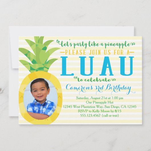 Photo Boy Luau Pineapple Birthday Invitation Kaart (Voorkant)