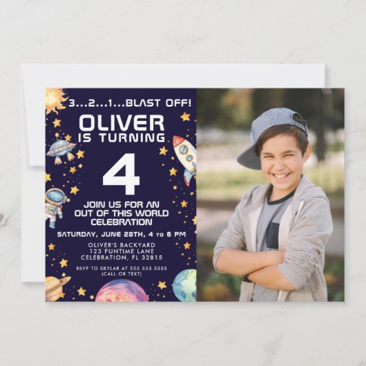 Photo Boy Modern Space Rocket Ship Verjaardagsfees Kaart (Voorkant)