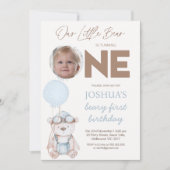 Photo Brown Blue Balloons Beary First Birthday Kaart (Voorkant)