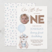 Photo Brown Blue Balloons Beary First Birthday Kaart (Voorkant / Achterkant)